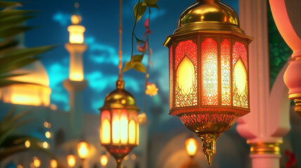 Obraz premium Glowing Islamic Lanterns at Mosque During Ramadan Night