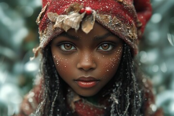Adorable Christmas elf wearing a red hat with holly leaves and berries standing outside in the snow