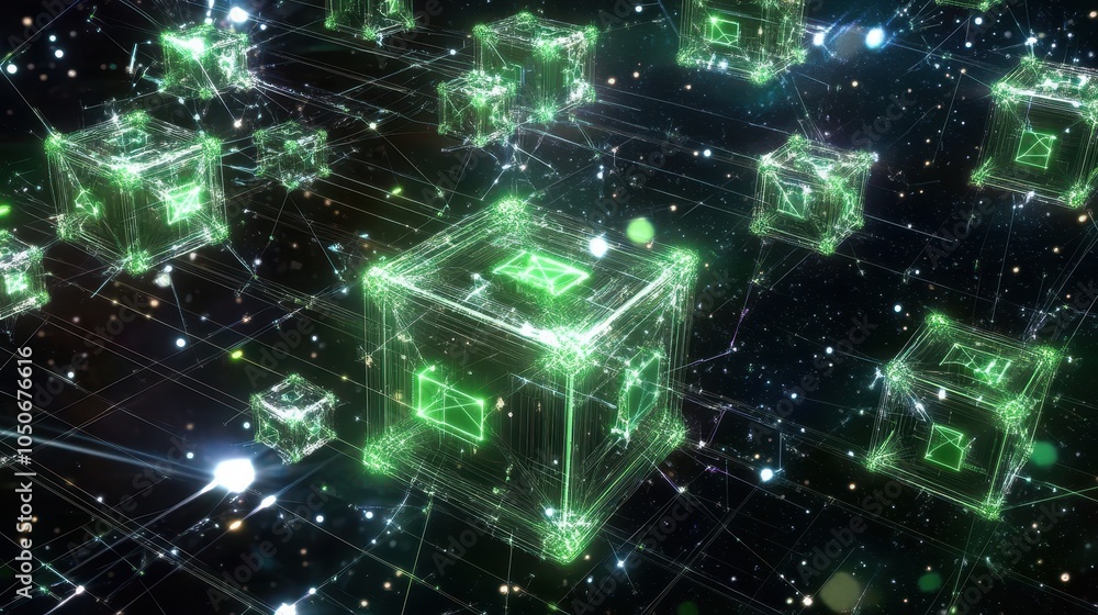 Aufkleber a complex 3d visualization of blockchain nodes forming a digital grid, with bright green and blue hu