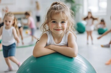 Cute little girl sitting on a green fitness ball in the children's gym, smiling and looking at the camera with her arms folded, surrounded by other kids doing various sports activities