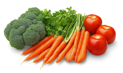 Fresh vegetables carrots, tomatoes, broccoli and coriander resting on transparent background
