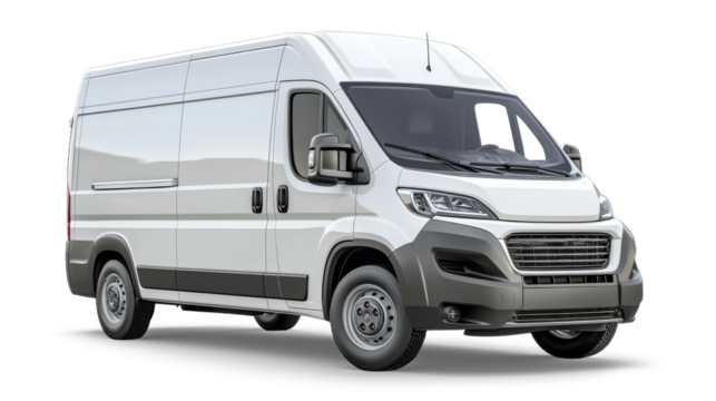 White cargo van parked on transparent background
