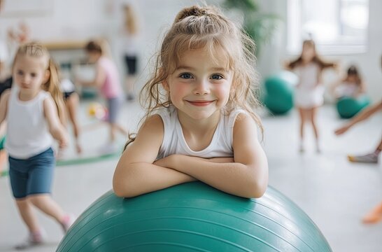Cute little girl sitting on a green fitness ball in the children's gym, smiling and looking at the camera with her arms folded, surrounded by other kids doing various sports activities - Powered by Adobe