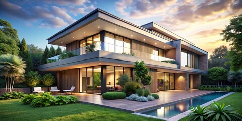Fototapeta premium Modern Villa Exterior Design with Lush Landscaping and Clear Blue Sky for Real Estate Marketing