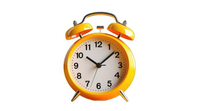A yellow alarm clock with the time 