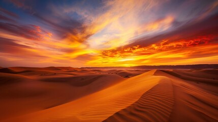 A vibrant sunset over the Sahara Desert with rolling sand dunes and a dramatic sky, expansive setting with rich orange and red tones, Desert style