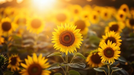 Fototapeta premium Vibrant sunflower field under clear blue skies, capturing the joyful essence of rural farming life and good vibes in a lush agricultural landscape