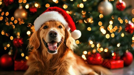 Golden Retriever Wearing Santa Hat for Christmas Fun