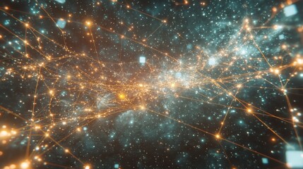 Obraz premium A futuristic holographic blockchain ledger floating in space, with interconnected cubes and bright digital trails representing secure transactions.