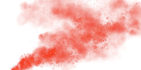 Fantastic red smoke background. Magic red smoke with glitter and small particles of twinkling stars. Red smog clouds rising from bottom to top on floor, isolated transparent special effect. Magic haze