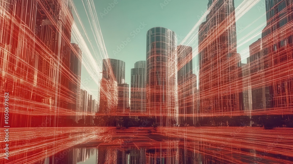 Poster a high-tech digital city with blockchain connections represented as glowing lines connecting buildin