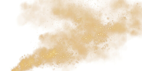 Fantastic golden smoke background. Magic golden smoke with glitter and small particles of twinkling stars. Golden smog clouds rising from bottom to top on floor, isolated transparent special effect. M