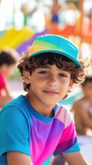 A cheerful boy sits in a lively playground, wearing a colorful cap with other kids playing nearby
