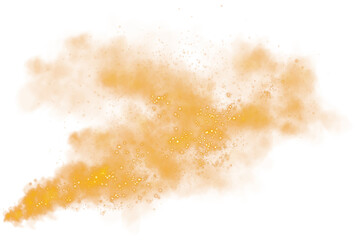 Fantastic orange smoke background. Magic orange smoke with glitter and small particles of twinkling stars. Orange smog clouds rising from bottom to top on floor, isolated transparent special effect. M