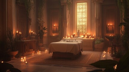 Fototapeta premium A Luxurious Spa Room with Candlelight and a Massage Table