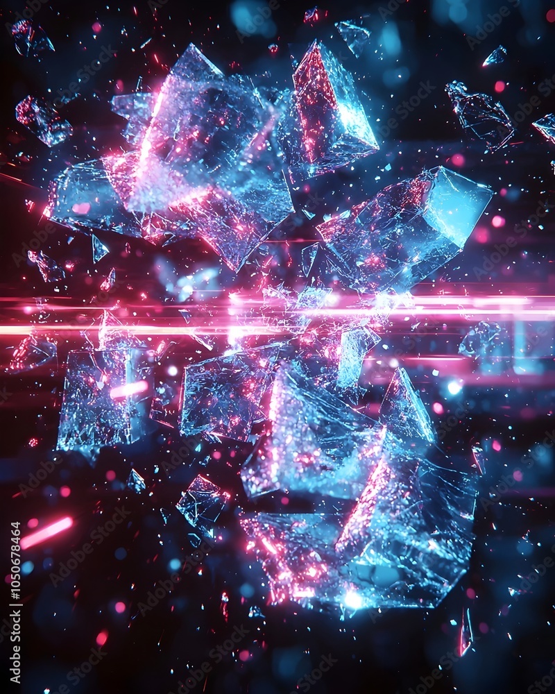 Poster a mesmerizing display of shattered crystalline structures illuminated in vibrant shades of blue and 