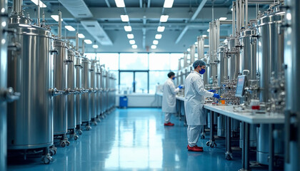 A biopharmaceutical facility showcases sterile environments and advanced production processes.
