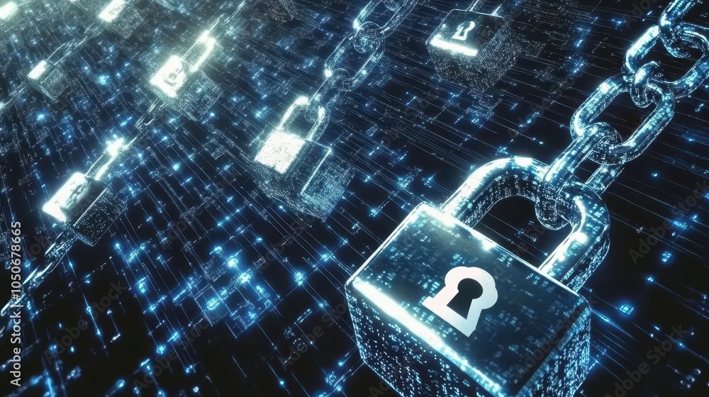 Poster an abstract representation of blockchain security with glowing padlocks and chains of data blocks, f