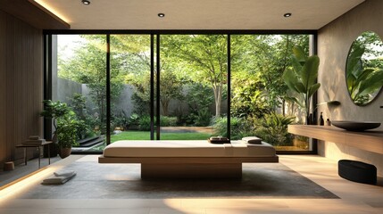 Minimalist Spa Interior with Lush Green Garden View