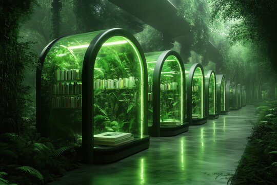 A serene 3D outdoor library with suspended reading pods in a futuristic green cityscape