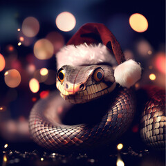 Postcard with a snake. New Year's symbol snake. Sign of 2025 in a New Year's hat with a festive bokeh on the background