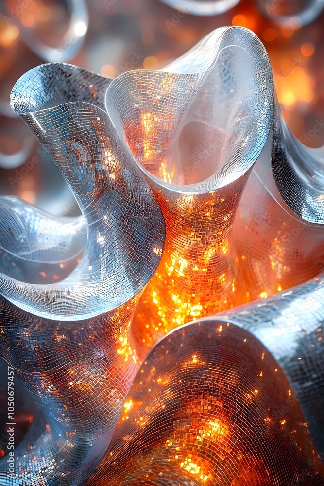 Poster an abstract design featuring luminescent silver and orange waves, creating a vibrant interplay of co