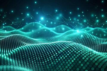 A green, blurry image of a wave with many dots