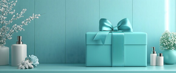 Turquoise gift box with cosmetic bottles and flowers on shelf. Beauty brand packaging design
