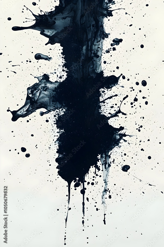 Poster an abstract explosion of black paint against a soft white background, creating a striking contrast a
