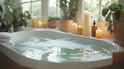 Fototapeta premium A Relaxing Bath with Foamy Water, Candles, and Plants in a Bathroom