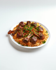 Traditional Arabic Lamb Mandi Rice with Fresh Herbs and Vibrant Garnishes on a Classic White Platter