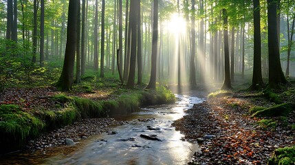 Obraz premium A serene woodland scene in the early morning, with dew-covered leaves, a small stream trickling through, and birds beginning to chirp 