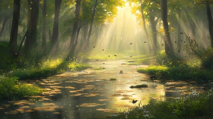 Fototapeta premium A serene woodland scene in the early morning, with dew-covered leaves, a small stream trickling through, and birds beginning to chirp 