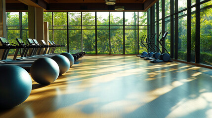 Modern Fitness Center with Treadmills  Exercise Balls  and Sunlight
