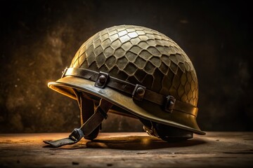 Fototapeta premium Night Photography of WWII US Military M1 Helmet in Side View with Atmospheric Lighting