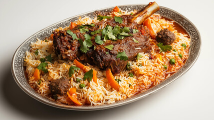Fototapeta premium Traditional Arabic Mandi Rice with Flavorful Lamb Shank and Fresh Herb Garnish on Ornate Serving Platter