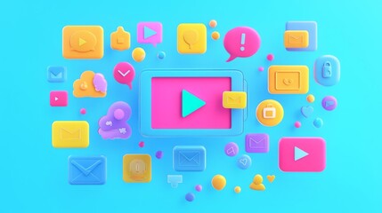 A vibrant arrangement of colorful multimedia icons symbolizing digital communication and video content creation.