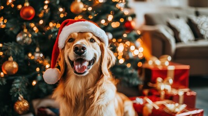 Golden Retriever in Santa Hat Enjoying Christmas Spirit
