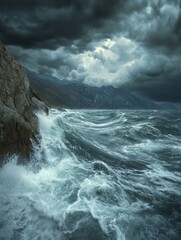 Obraz premium Dramatic Stormy Sea with Crashing Waves and Dark Clouds