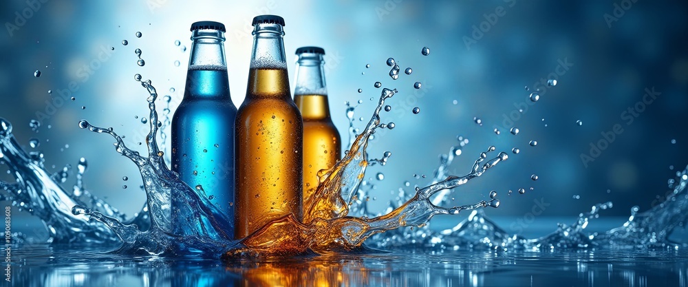 Poster a row of beer bottles with one being blue and the rest being orange. the bottles are lined up on a t