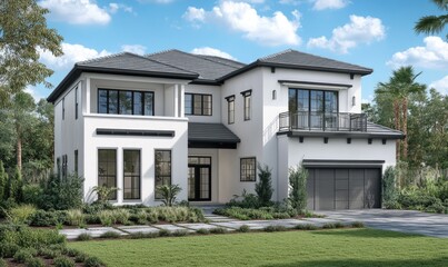 A modern two-story house with white walls, a gray roof, and black accents. There is an open balcony on the second floor, with large windows overlooking the green trees and lawn grass in front of it.