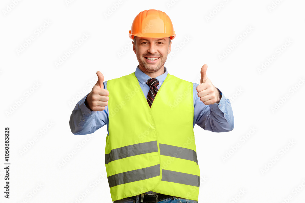 Poster happy construction worker gesturing thumbs up smiling to camera posing on white background. studio s
