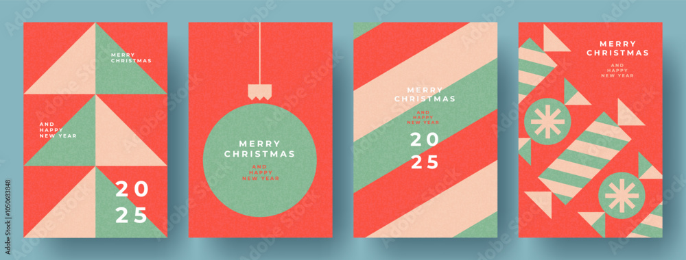 Wall mural set of xmas card, banner, cover, poster in retro geometric minimalist style with simple shapes of ch