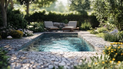 Obraz premium A Tranquil Poolside Oasis with Lush Greenery and Stonework