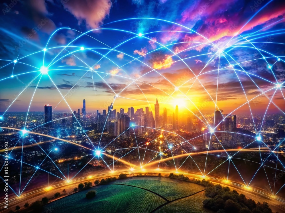 Poster panoramic view of a digital landscape representing the internet concept with connectivity and techno