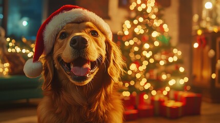 Golden Retriever Enjoying Cozy Christmas with Santa Hat
