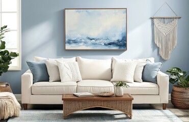 A Scandinavian-style living room with light blue walls, a white ceiling, and a wooden floor. The sofa is grey fabric with brown cushions on it. There's an abstract painting hanging above the couch.