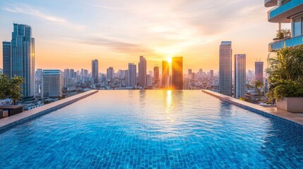 Fototapeta premium Rooftop Infinity Pool Overlooking City Skyline at Sunset