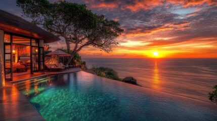 Obraz premium Infinity Pool Overlooking a Dramatic Sunset and Ocean