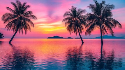 Obraz premium Three Palm Trees Silhouetted Against a Vibrant Sunset Over Calm Ocean Water